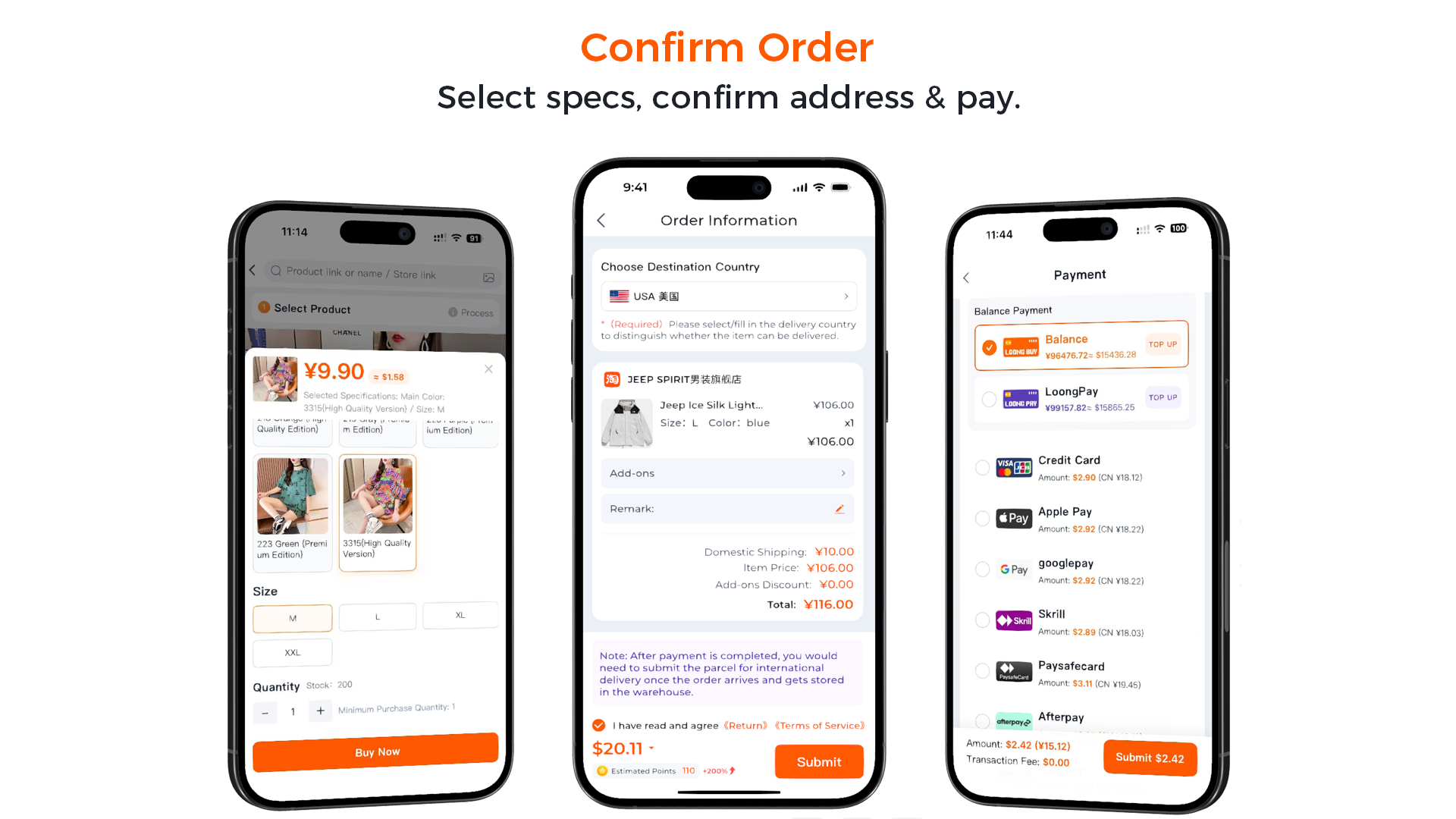 LoongBuy confirm-order screens: select size and quantity, choose destination country, and pick a payment method
