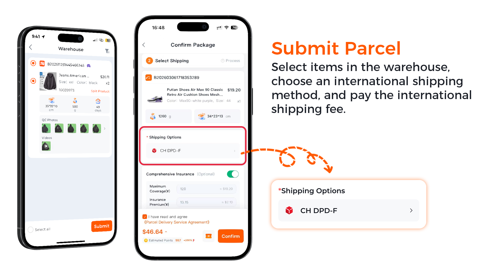 LoongBuy submit-parcel screen with a shipping line selected and the optional comprehensive insurance toggle turned on
