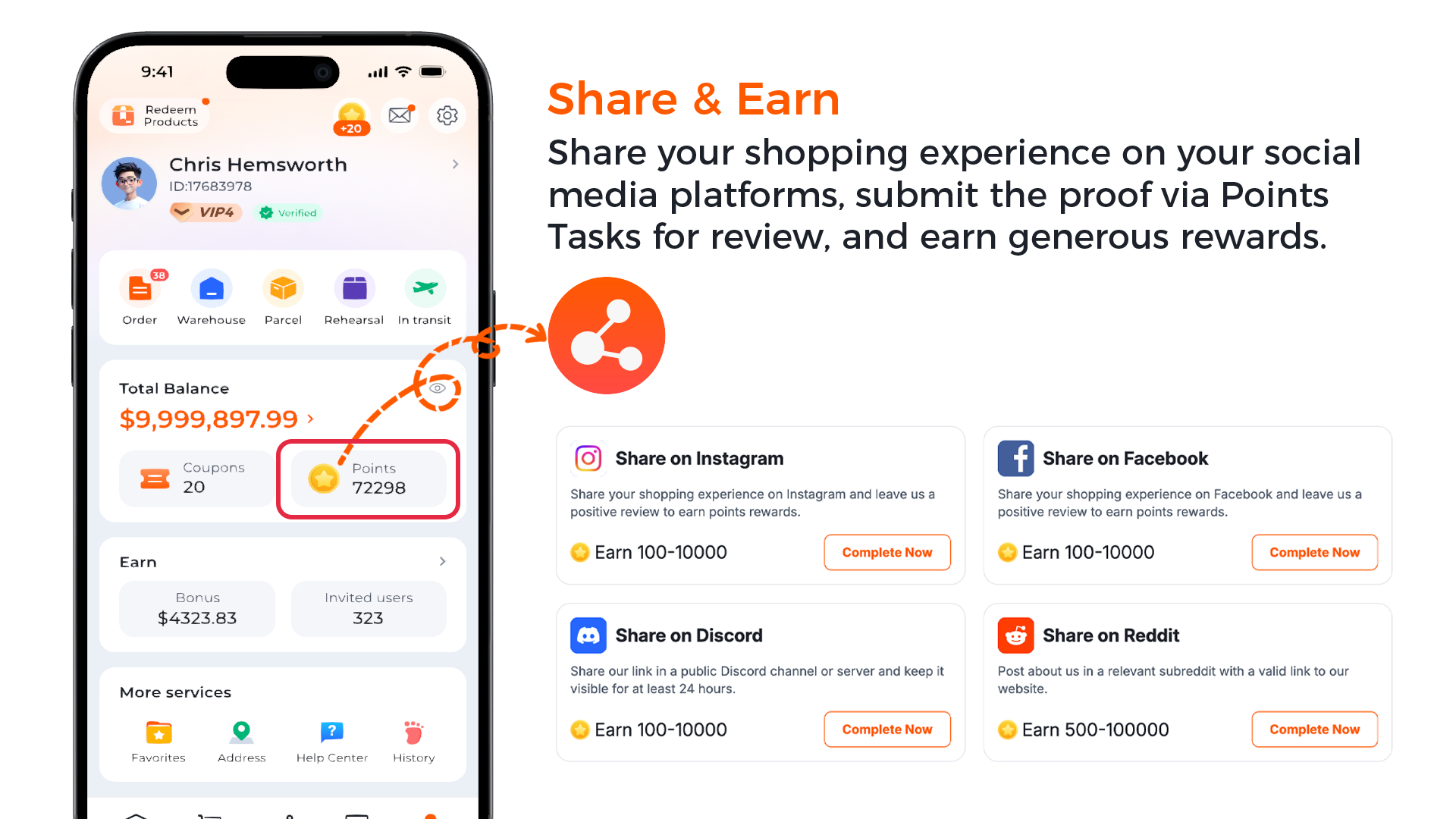 LoongBuy user centre and Share & Earn tasks: share your order on social platforms to earn points rewards